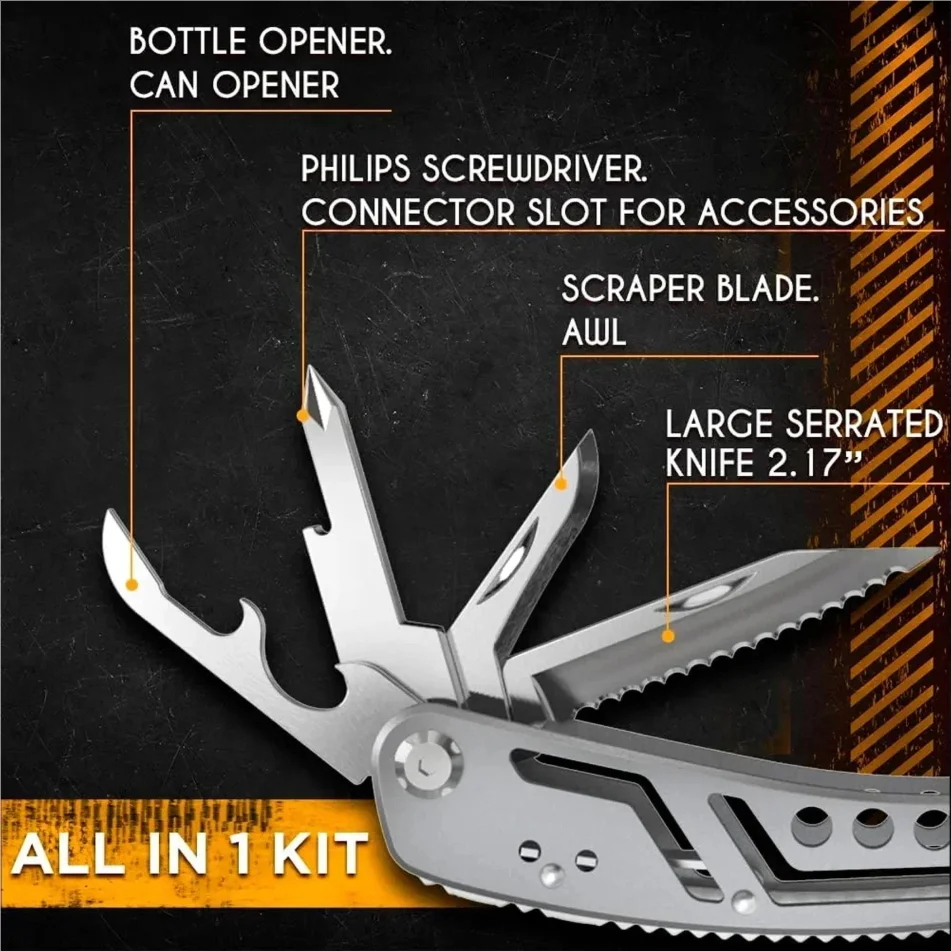 Multiutensile da Campeggio in Acciaio Inox, Coltello Pieghevole Portatile, Attrezzatura di Sopravvivenza per Escursioni - immagine 4