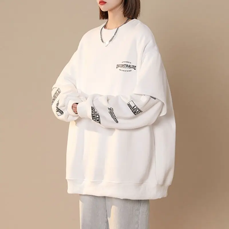 Letter Sweatshirts Women Vintage Students Fake 2 Pcs Designed Ulzzang Streetwear BF Couple Harajuku Classic Chic All-match