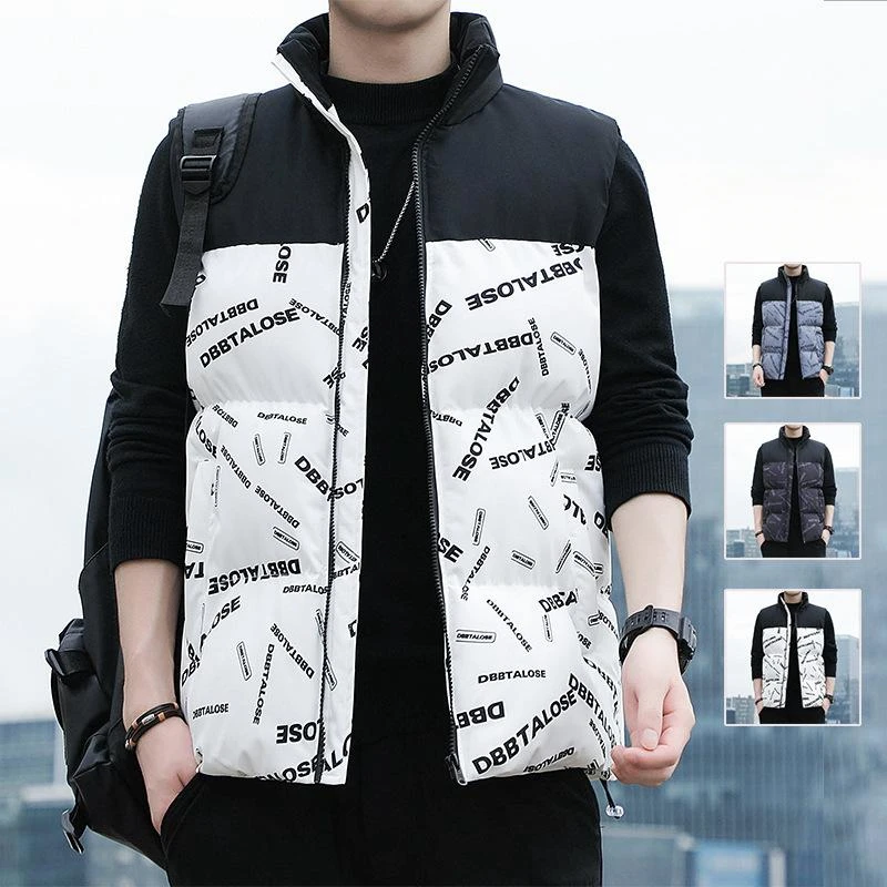 Autumn Winter Down Cotton Vest Men's Standing Neck Printing Tank Top Thickened Coat Fashion Casual Warm Outerwear Jacket