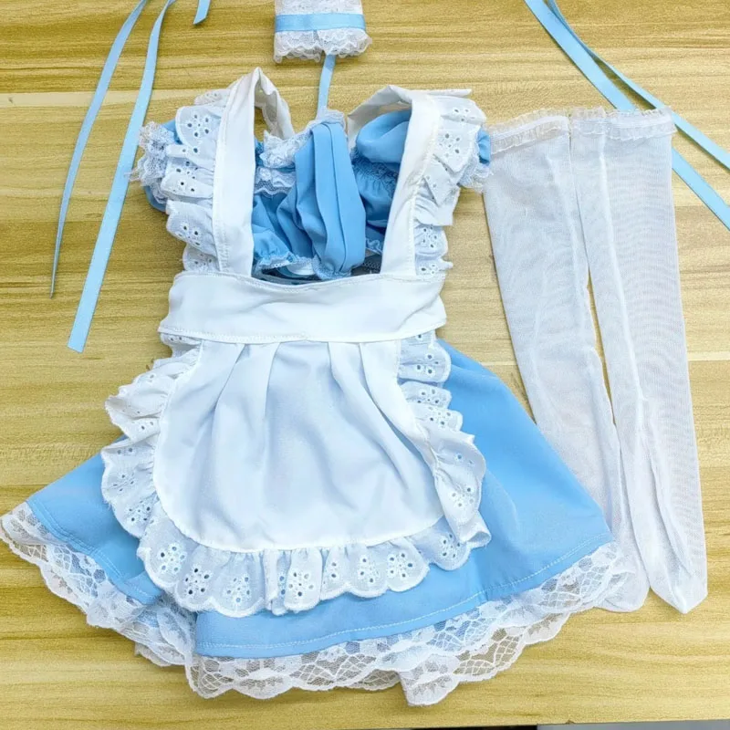 68-80cm 실리콘 인형 메이드복 반소매 레이스 프릴 드레스 앞치마 양말 세트 부드러운 색상 변하지 않는 수제 인형 의류