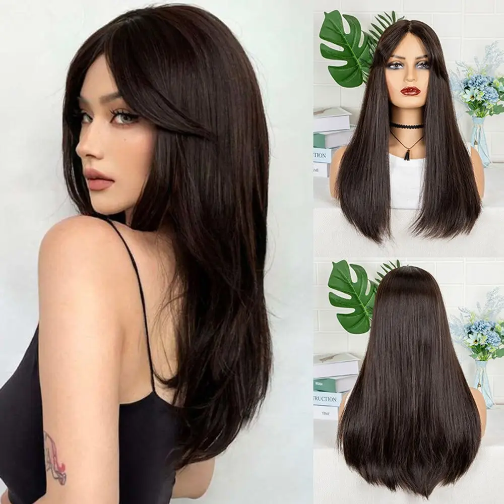 

Women's T-shaped front lace, straight bangs, middle parting, long High Temperature Fiber Synthetic Wigs Pelucas Hair Daily Party