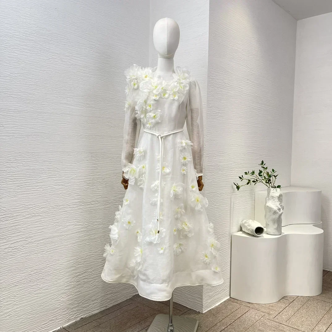 

2024 Newest High Quality White Ivory Daisy Flower Hand Work Long Sleeve Midi Dress