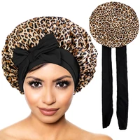 Nouveau Bonnet en Satin pour dormir, couverture de cheveux bouclés, Bonnet de nuit soyeux pour femmes, grand Bonnet de sommeil soyeux avec cravate 1