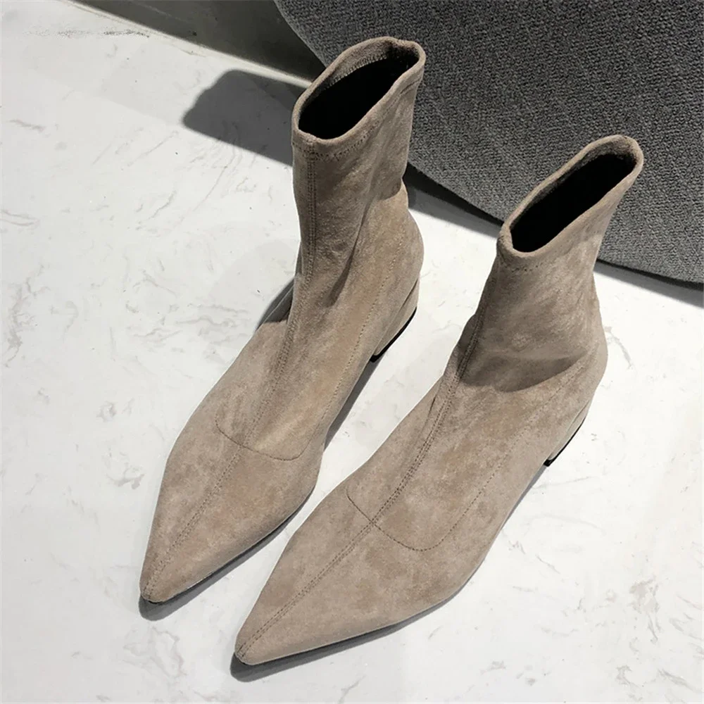 

Fashion spring New Women Boots Pointed Toe Socks Boots Yarn lastic Ankle Boots Suede Thick Heel Shoes Female bota feminina