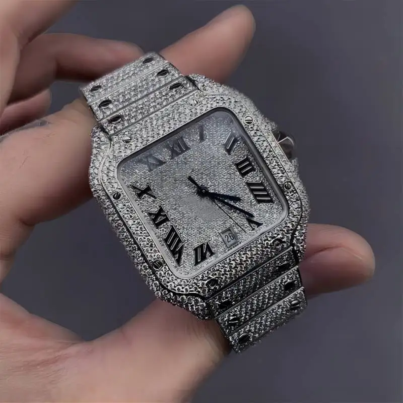 

Luxury Moissanite Iced Out Watches, Hip Hop Bust Down Unisex Diamond Watch, Stainless Steel Moissanite Studded Wrist Watch