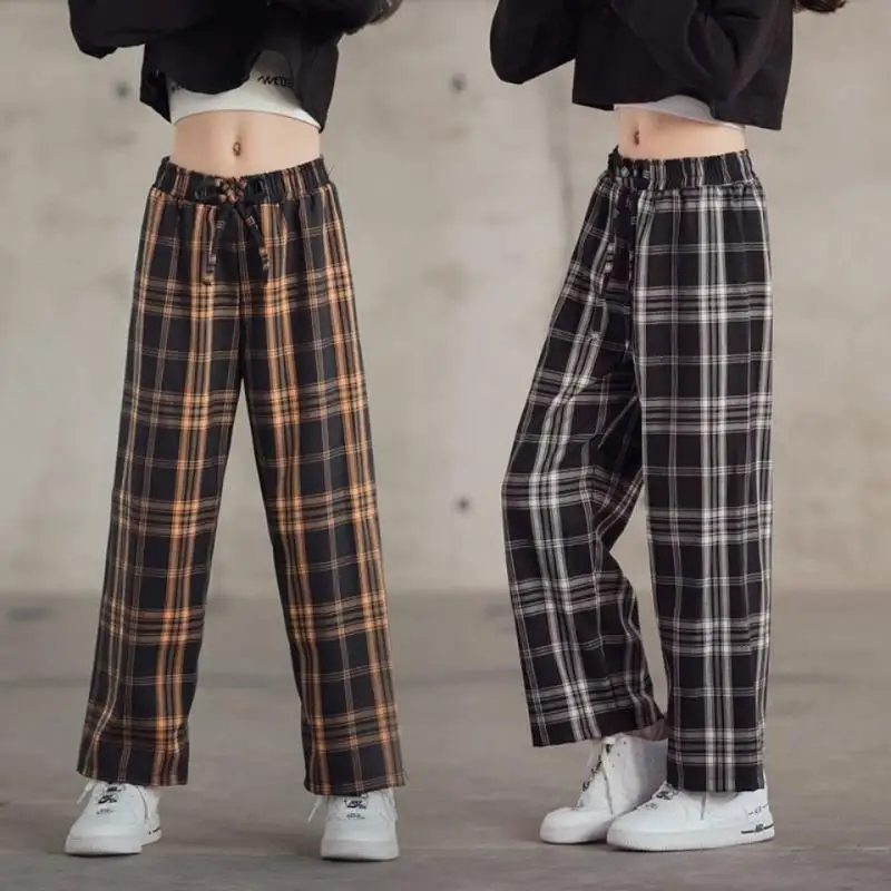 Girls Plaid Pants 2023 Spring Summer Wide Leg Pants Kids Casual Straight-leg Pants Teenager Sport Trousers 8 Y Children Clothing
