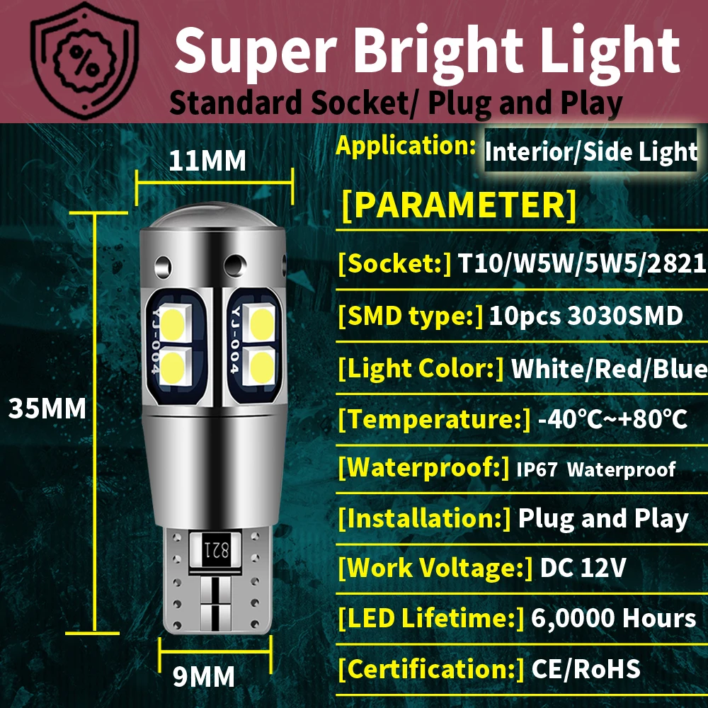 1Pcs W5W T10 LED Canbus Error Free 3030 10SMD Auto 5W5 LED Bulb