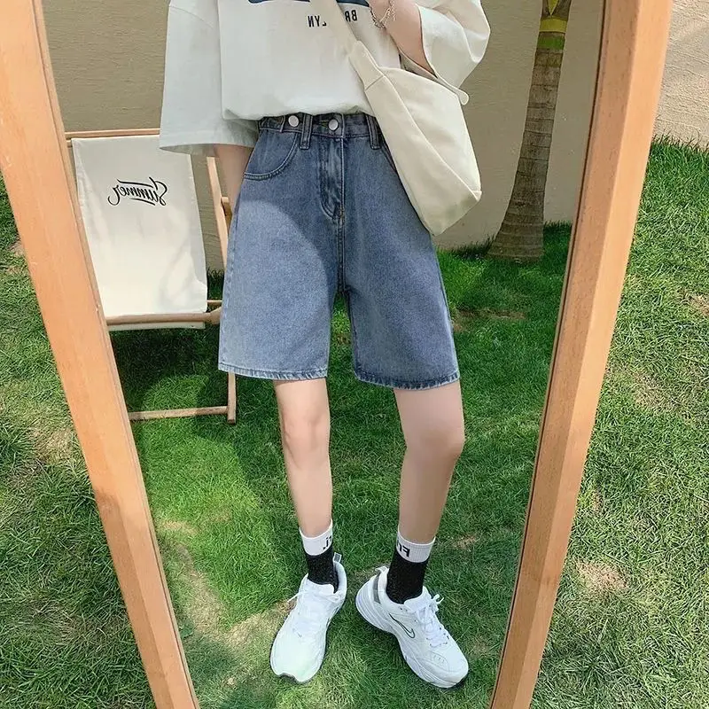 2023 Fashion Summer Half Women Denim Shorts High Waist Belted Loose Female Short Jeans Streetwear