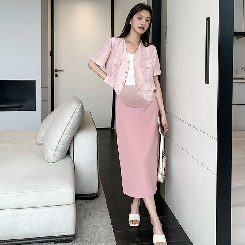 Korean Style Summer Solid Color Maternity Skirt Back Split High Waist Pregnant Woman Tailored Skirt Lady Elegant Formal Skirts