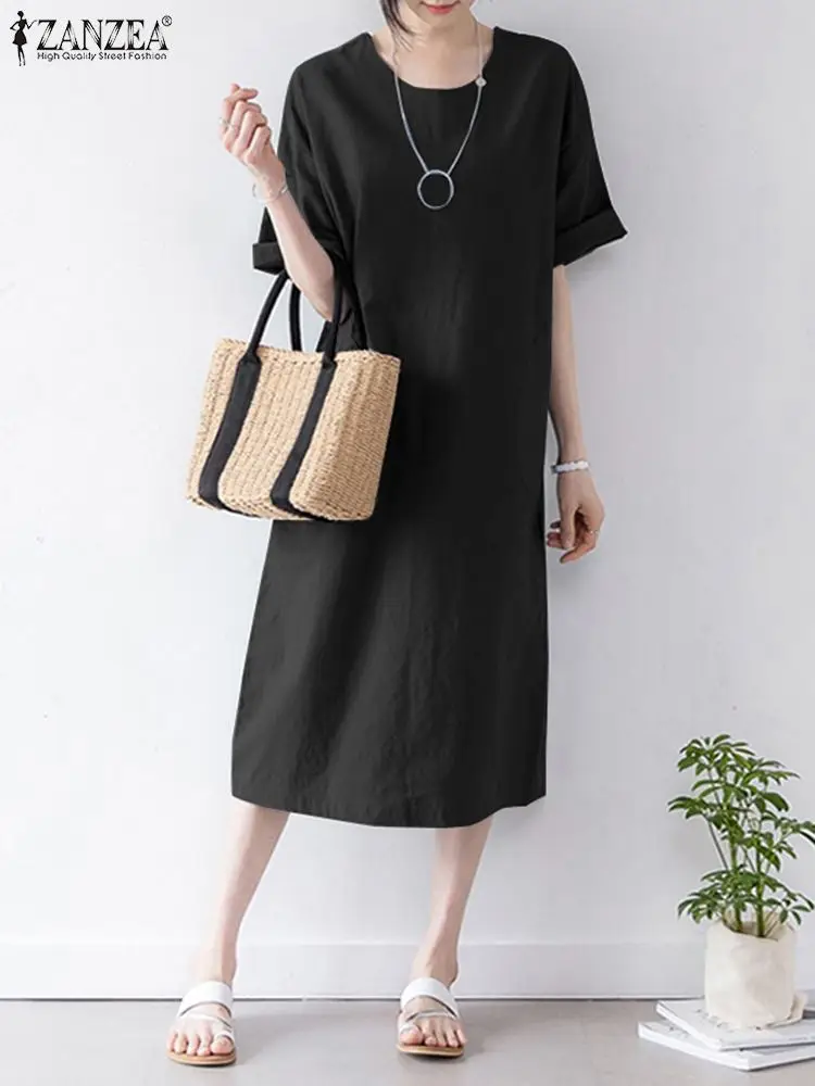 

ZANZEA Holiday O-neck Dress Vintage Cotton Long Robes Half Sleeve Women Midi Dress Casual Solid Color 2023 Summer Loose Vestidos