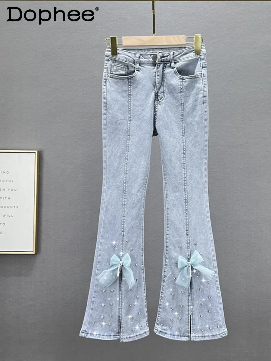 

Женские джинсовые брюки с бантом, милые укороченные брюки с разрезом и завышенной талией, утягивающие джинсовые брюки со стразами, весна-лето 2023