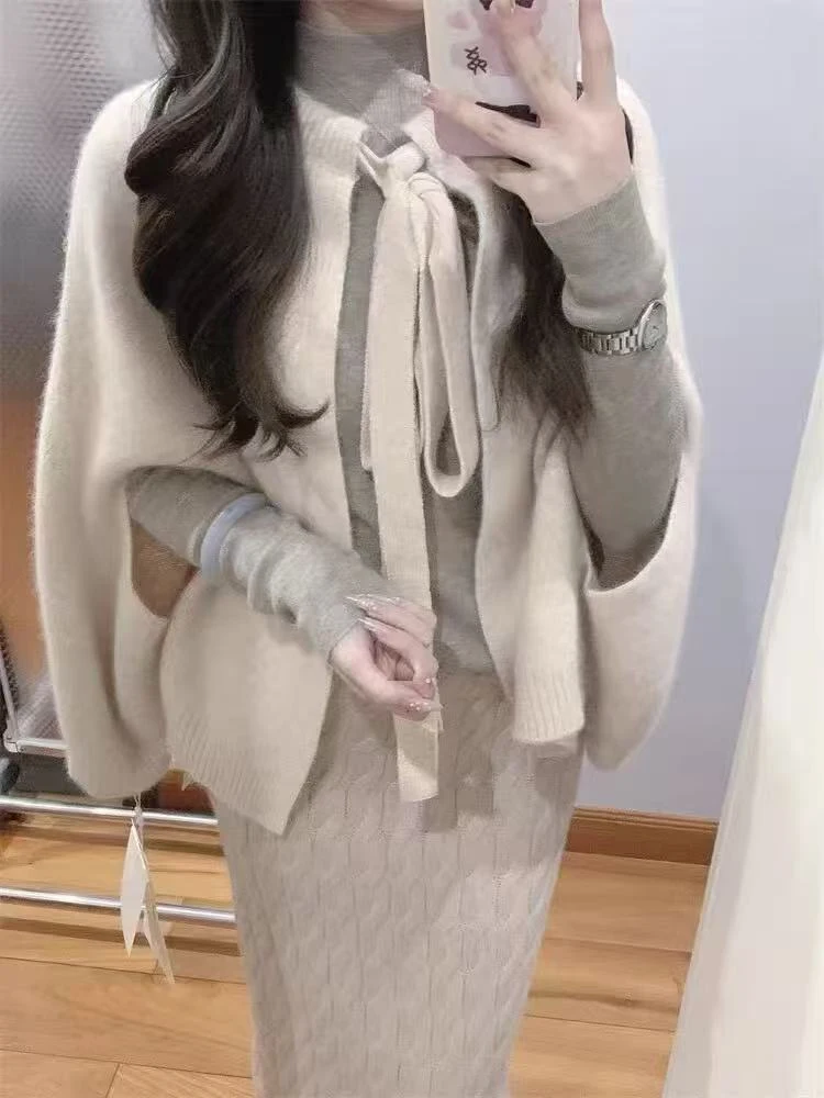 Autumn and Winter New Women's Solid Color Lace-up Shawl Elegant Outerwear Cardigan Knitwear Women's Sweater Jacket