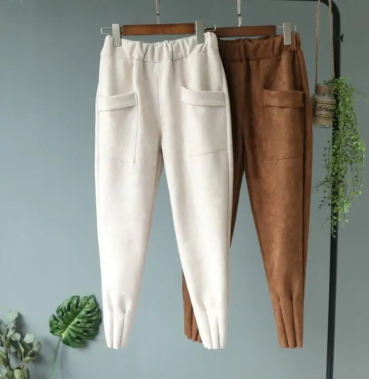 Spring and Autumn women's trousers elastic waist pocket casual trousers loose solid plus-size pencil trousers white capris Pants & Capris