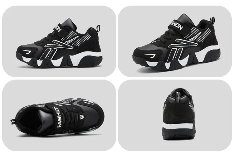 Boys Leather Sneakers - Kids Running Shoes With Rubber Outsole & Hook And Loop Closure