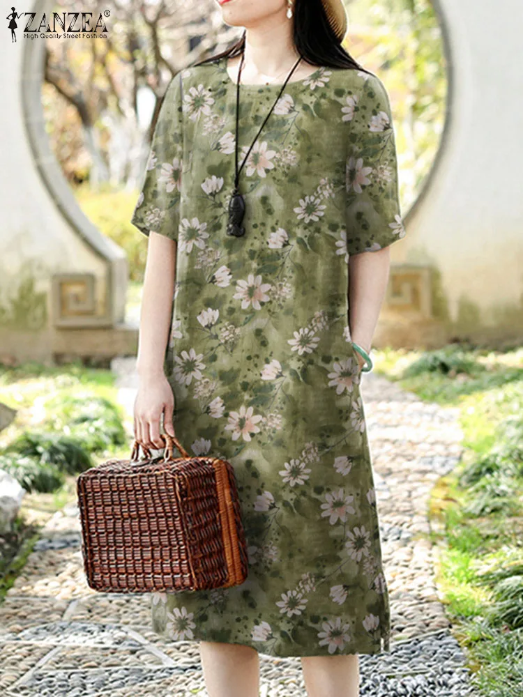 

Женское платье до колена с цветочным принтом ZANZEA, винтажное летнее платье с коротким рукавом для вечеринки, повседневное пляжное платье с круглым вырезом