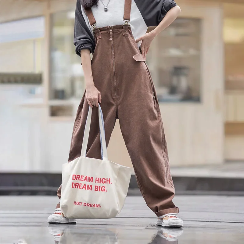 Maden-Women's Vintage Large Pockets Wash Overalls, Straight Large Size Pants, Cotton Baggy, Adjustable Straps Long Jumpsuits