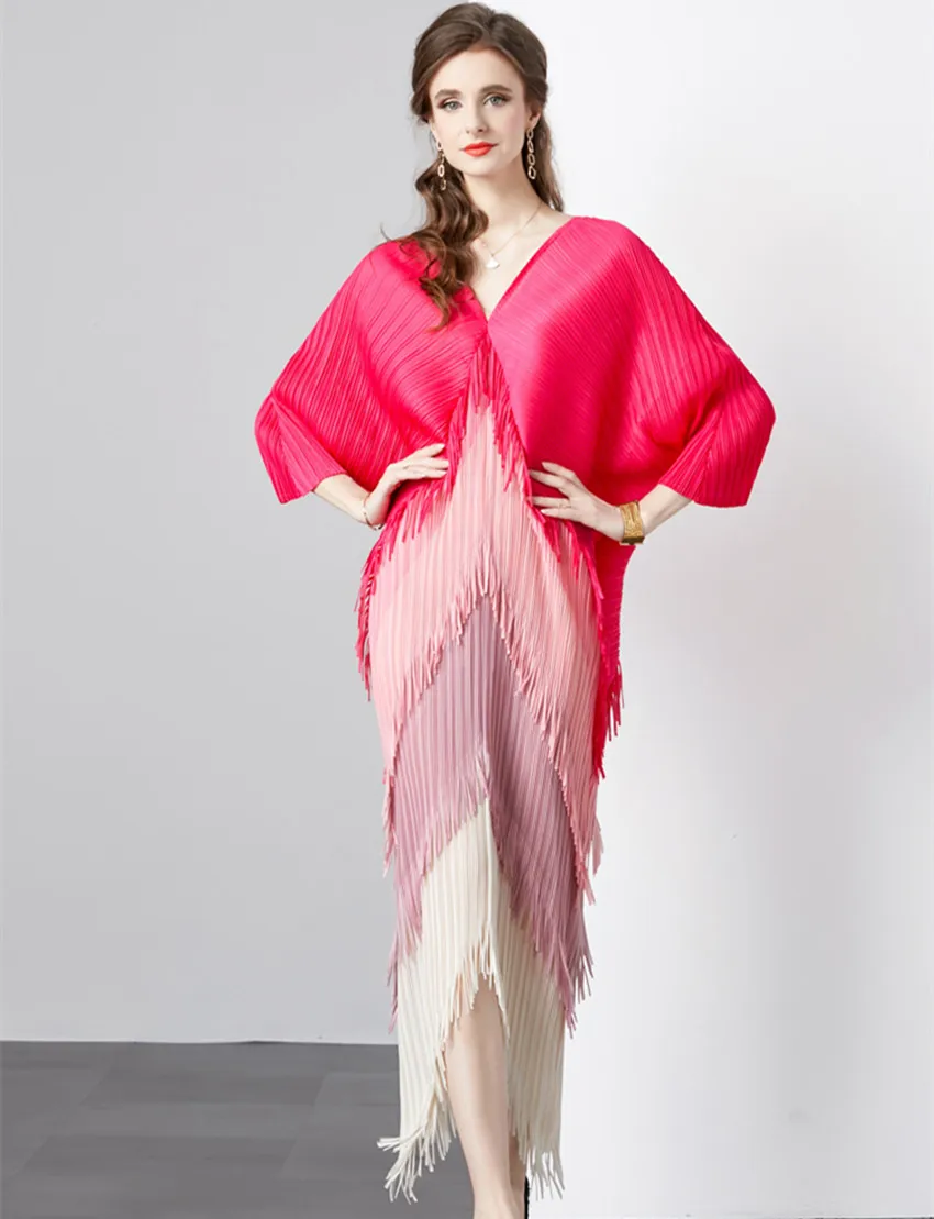 

Miyake Pleated Autumn Ladies Office Dress Elegant Women V Neck Color-Blocking Tassel Batwing Sleeve Irregular Loose Long Vestido