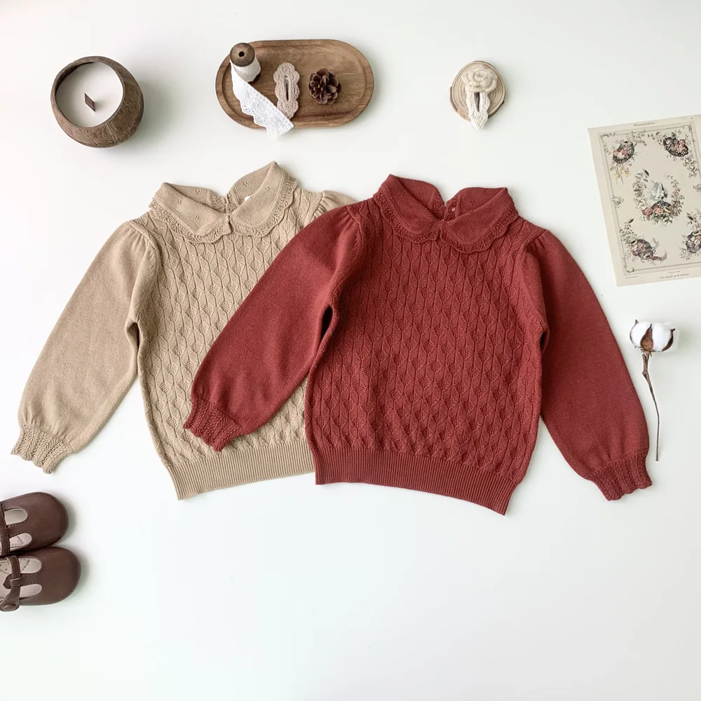 

Children Baby Vintage Sweater Knitted Autum Winter Baby Girl Clothes Peter Pan Collar Kid Toddler Girl Pullover Baby Outerwear