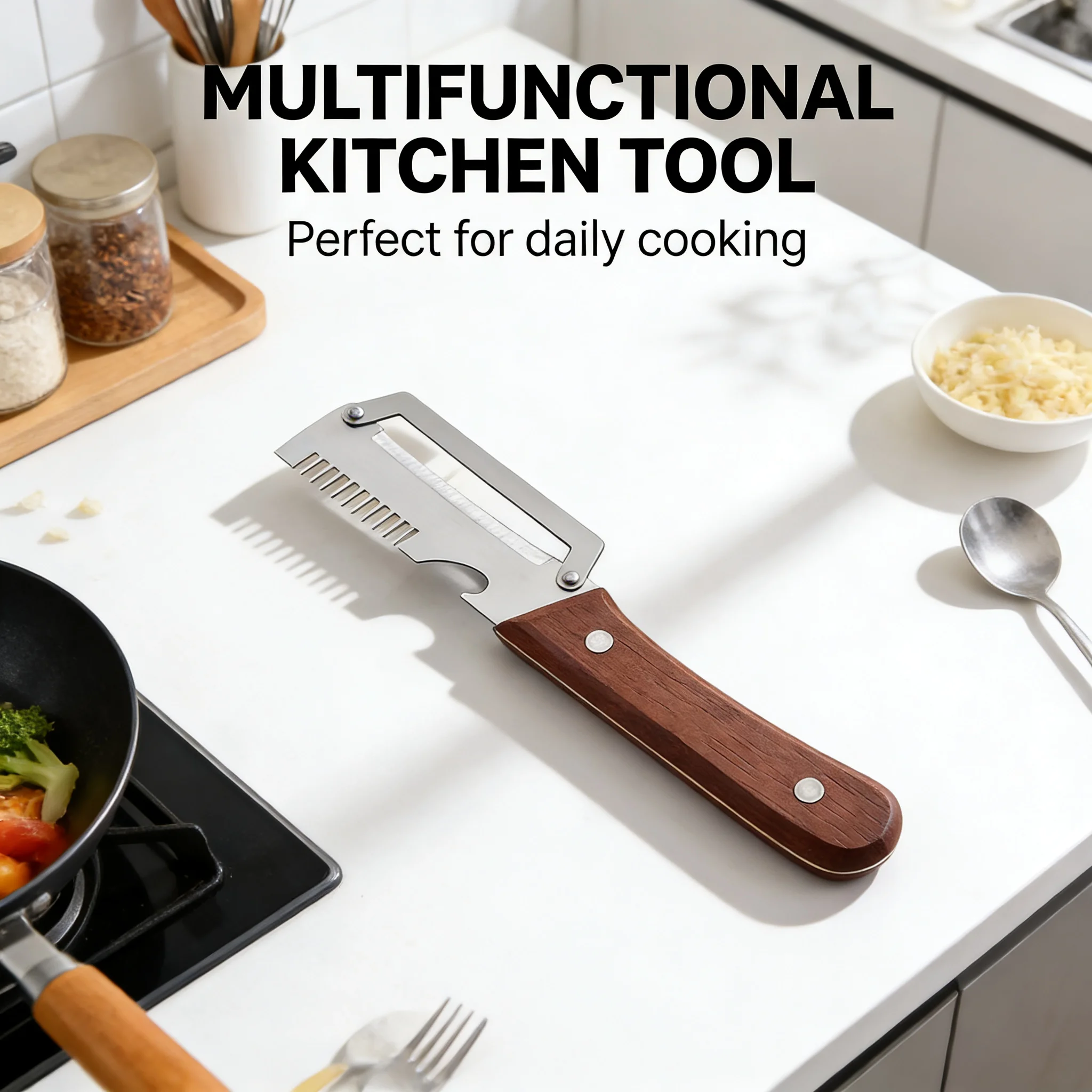 Descascador multifuncional de aço inoxidável com cabo de madeira maciça, utensílio de cozinha para descascar frutas e legumes._voghion.com