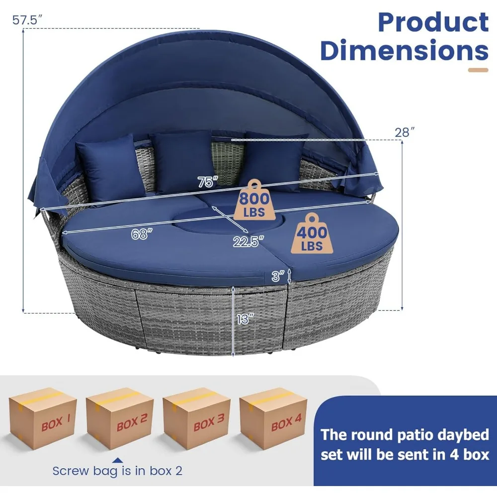 Round Outdoor Daybed, Wicker Rattan Sectional Sofa Set w/Retractable Canopy, Washable Cushions & Height Adjustable Co 3
