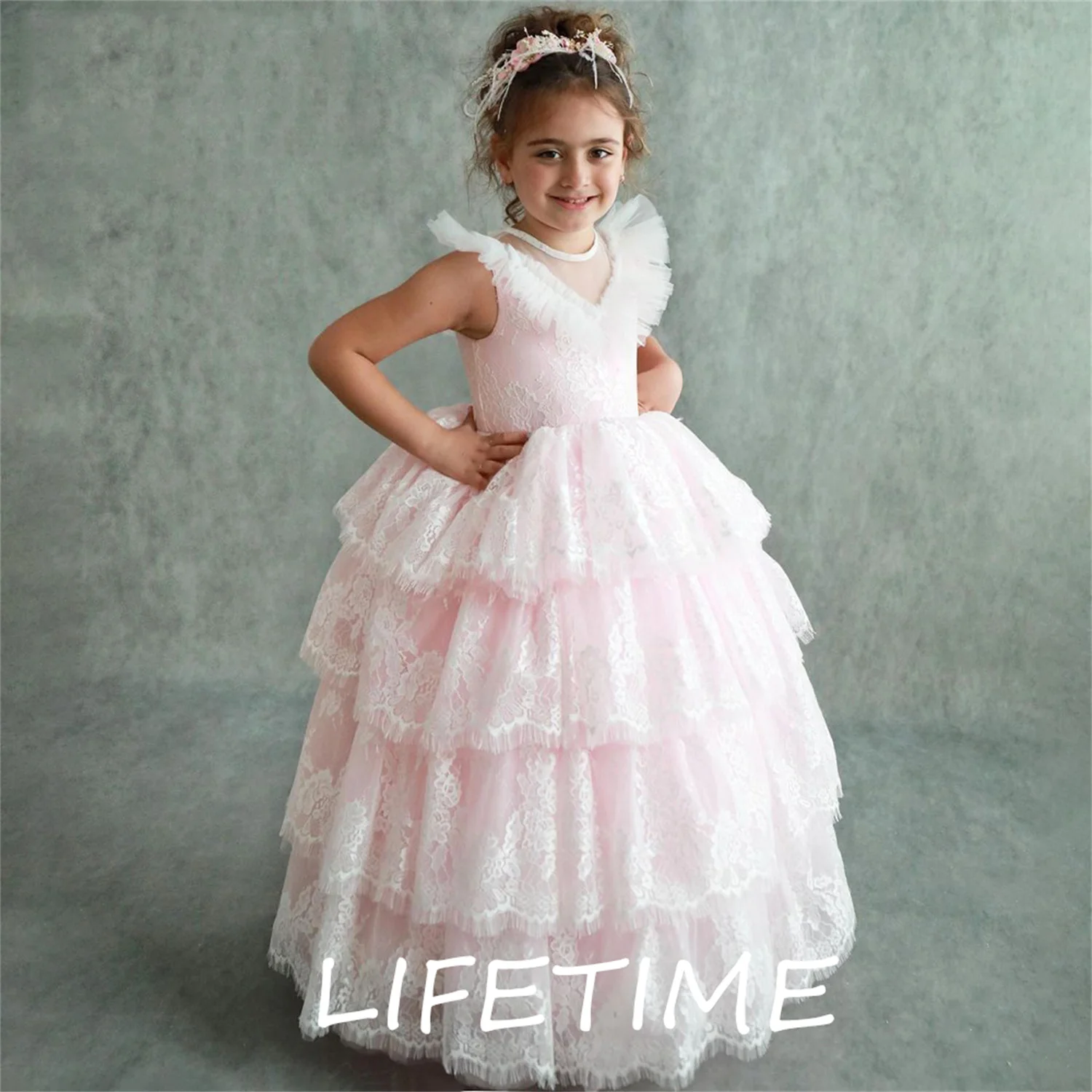 

Puffy Lace Baby Girl Party Dress Kids Layers Flower Girl Dresses Hi-Low Princess Dress Cute First Communion Gowns