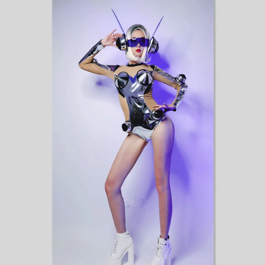 

Nightclub Party Show Clothes Lady Warrior Cosplay Costume Silver Laser Reflective Bodysuit Headdress Sexy Space Dance Outfit Bar