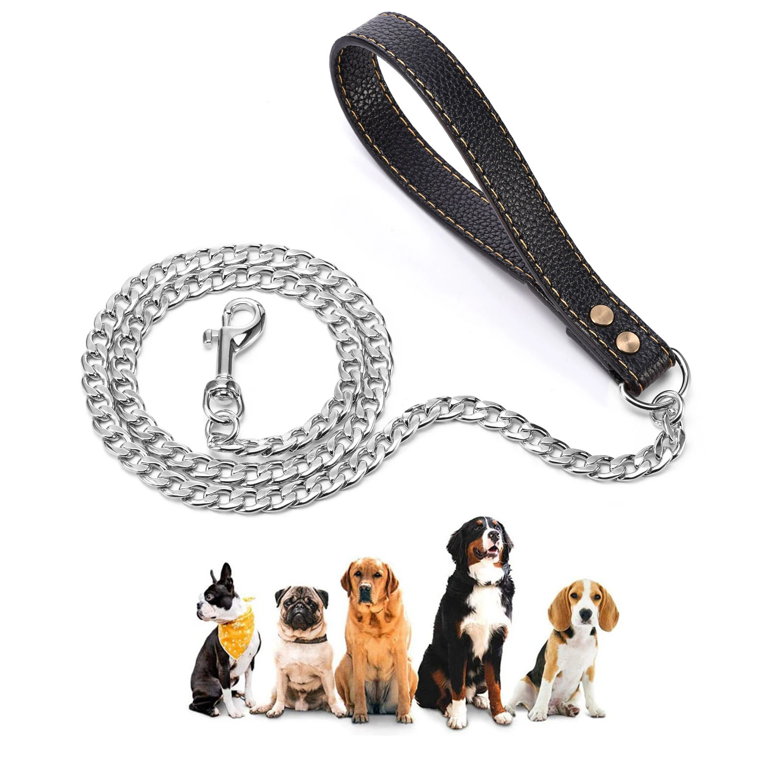 

4FT Gold Dog Leash Stainless Steel Metal Chew Proof Dog Lead with Leather Handle for Dogs Pet Traction Rope