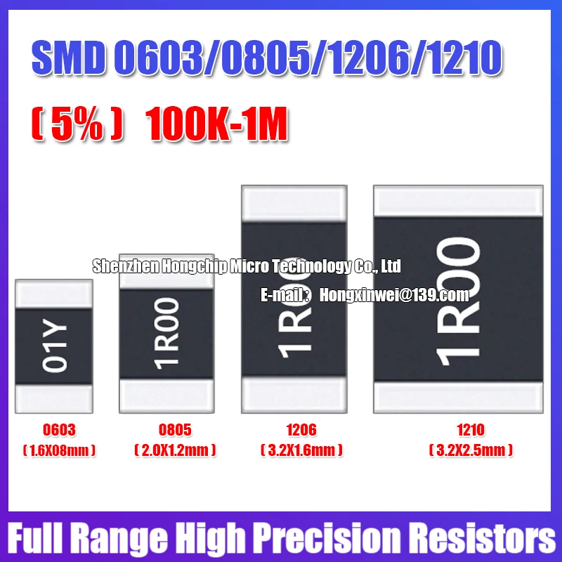 100 Uds 0603 0805 1206 1210 2010 2512 resistencia SMD 5% valores de resistencia comunes 100K-1M 220K 470K 510K resistencias de alta precisión