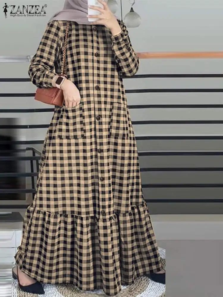 

Autumn Checked Dresses Women Vintage Muslim Long Dress ZANZEA Turkey Abaya Dubai Hijab Vestidos Casual Long Sleeve Plaid Kaftan