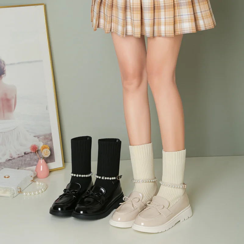 

YQBTDL Sweet Knitting Patent Leather Patchwork Princess Ankle Boots Young Girls Autumn 2022 Daily Party String Bead Women Shoes