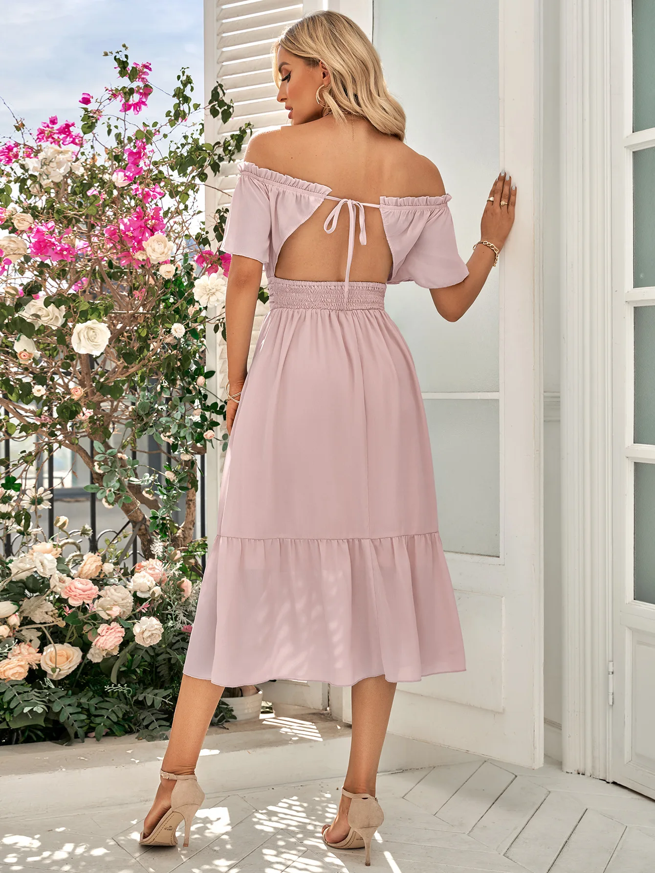 【関税込み】Staud オフホワイト Abigail ミディアムワンピース Off Shoulder White Dress Women 2023 Summer Sexy High Waist