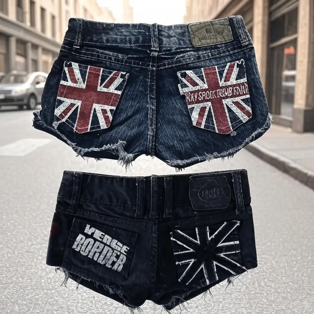Sweetheart Vintage Y2K fermeture éclair poche Denim Shorts femmes noir taille basse en détresse jean drapeau Patch chaîne bords effilochés Streetwear
