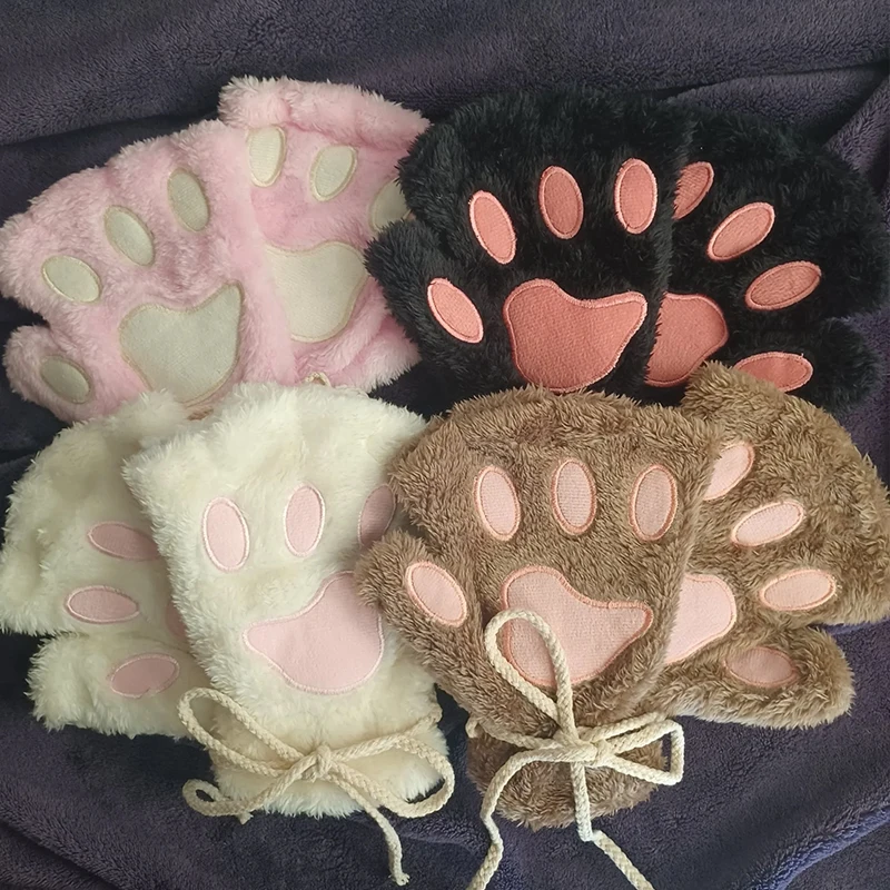 Cute Fluffy Cat Paw Claw Fingerless Gloves Warm Soft Plush Fingerless Panda Mittens Half Finger Women Winter Wear Christmas Gift