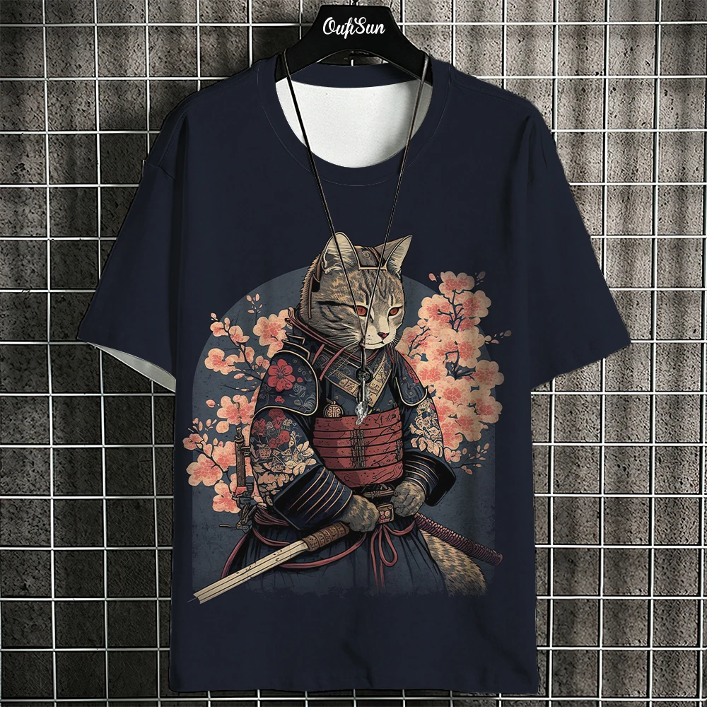 

3D Samurai Cat T-Shirt For Men Summer Trendy Japanese Short Sleeve Tees Oversized Streetwear Casual Sweatshirt Male Clothing Top