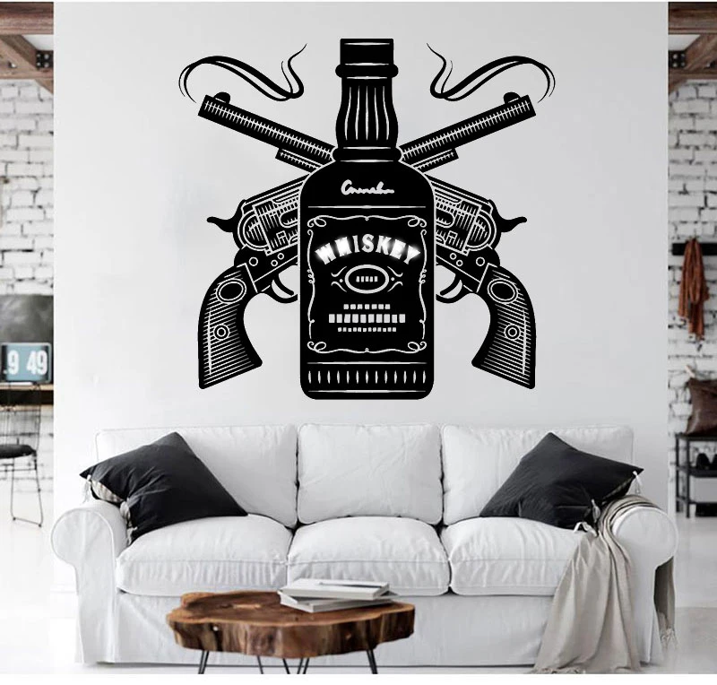 Vinyl Wall Stickers Bar Decoration Wine Bottle Double Gun Decals Home and Restaurant Fashion Art