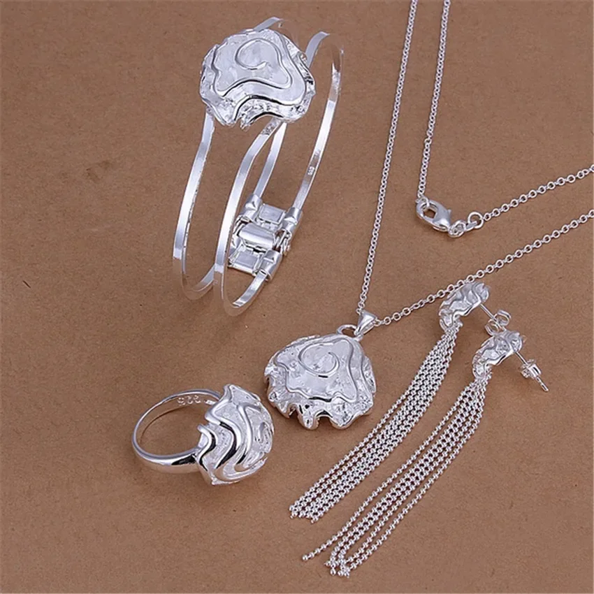 

Fashion 925 Sterling Silver Rings Bracelets Necklaces Earrings Stud Jewelry Set for Women Rose Flower Pendant Bangle Party Gifts