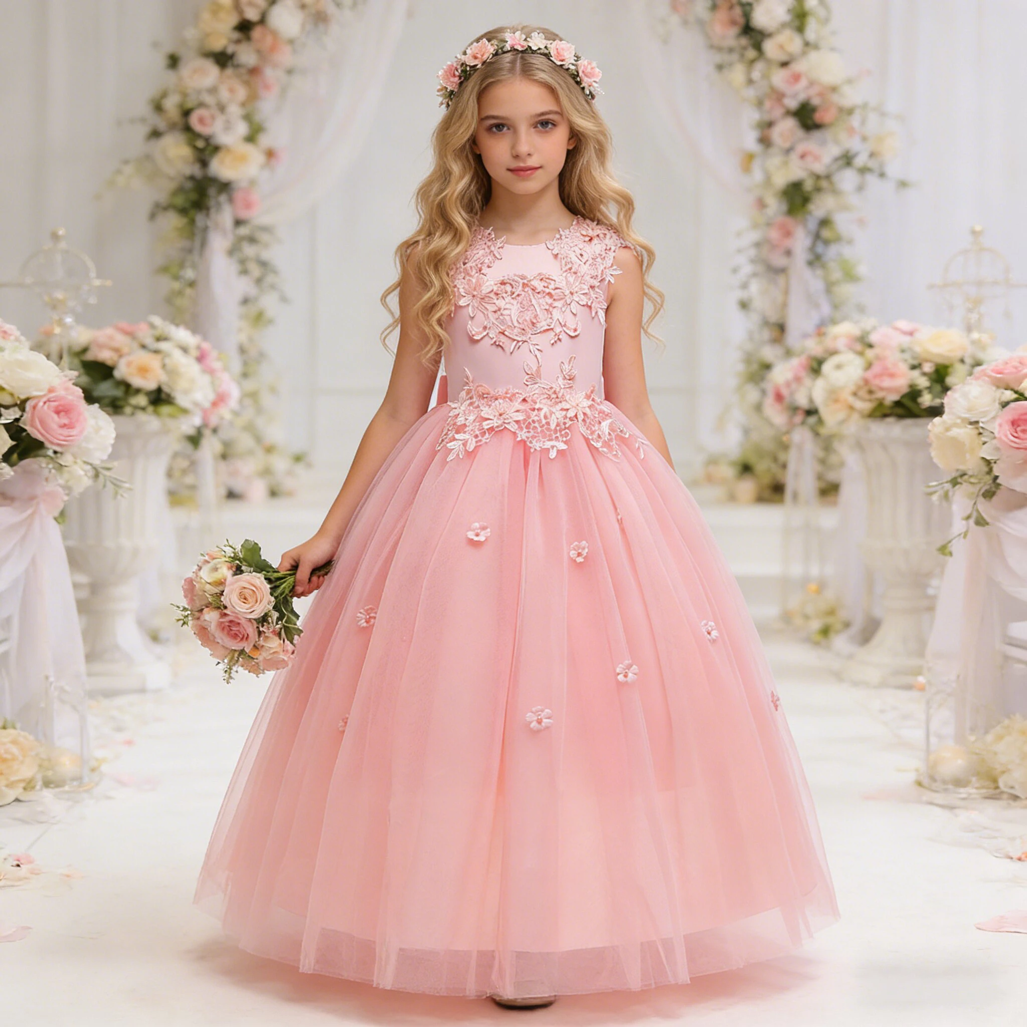 Sommerliches Blumen-Brautjungfernkleid für Mädchen, elegantes Taufkleid, Hochzeitskleid, Prinzessinnenkleid, Ballkleid, Partykleid für Mädchen, Geburtstagskostüm mit Schleife