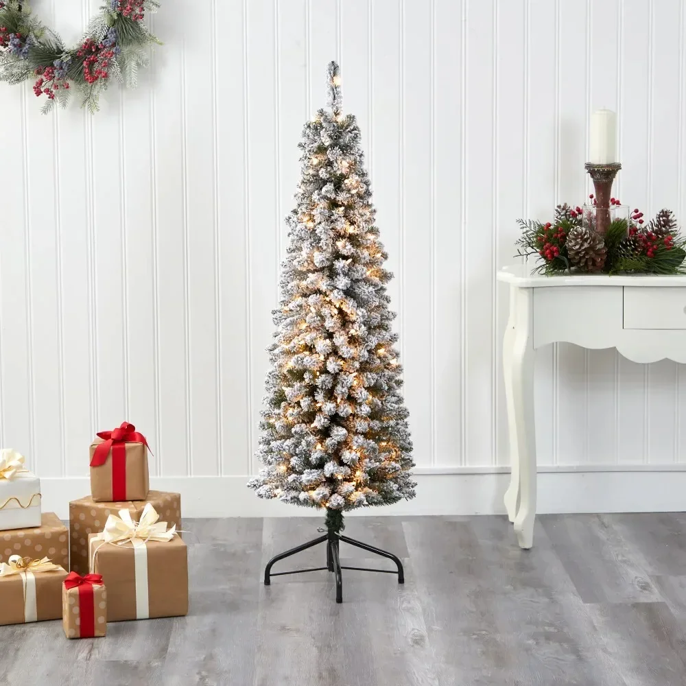 

5ft. Flocked Pencil Artificial Christmas Tree With 200 Clear Lights and 318 Bendable Branches Cristmas Decoration 2024 Pines