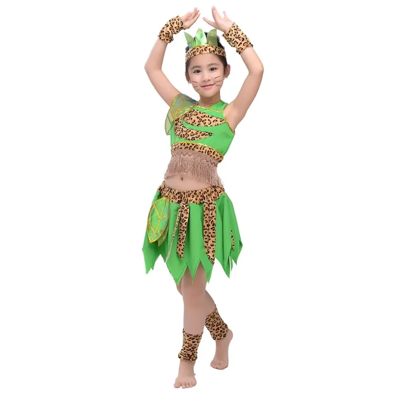 African Dress Children Costume Green Children's Wear Plays Out Costume Tage Costume African Dance Indian Savage Hunter Show Dance-BC9886