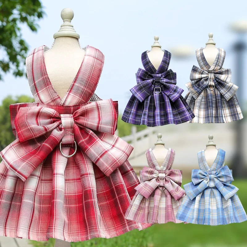 Pet JK Plaid Skirt Chest Strap Traction Rope Walking Dog Cat Vest Clothes Dog Dress Clothes Skirts Ropa De Perrita 강아지 옷