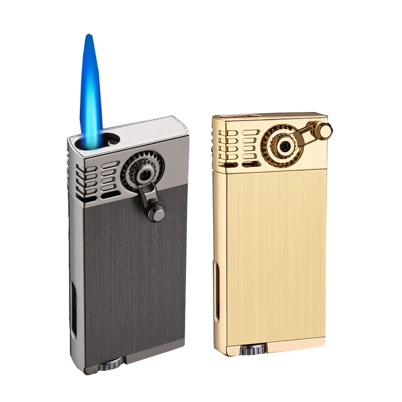 

Unusual Rocker Arm Metal Lighter Blue Flame Straight Butane Gas Cigar Lighter Creative Bussiness Fuel lighter Funny Toys for Men