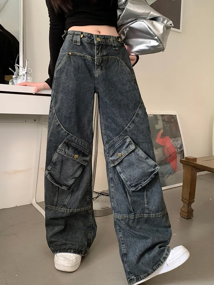 

Ropa Y2K 2000S Washed Dark Blue Baggy Cargo Jeans Pants For Women Goth Clothes Straight Wide Leg Hip Hop Lady Old Denim Trousers