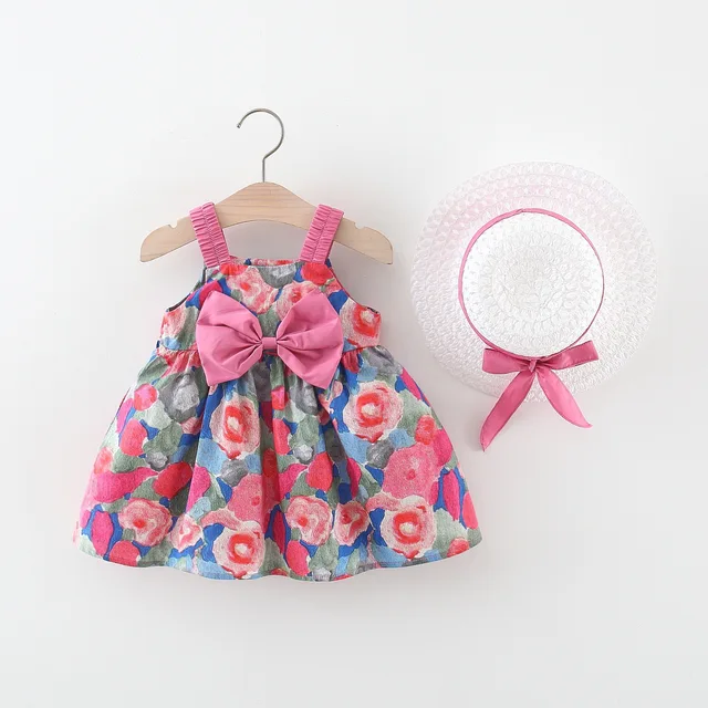 (0-3 Year Old Baby Girl Dress) Summer New Small Floral Bow Children'S Sleeveless Clothes, Free Bow Hat Included 1