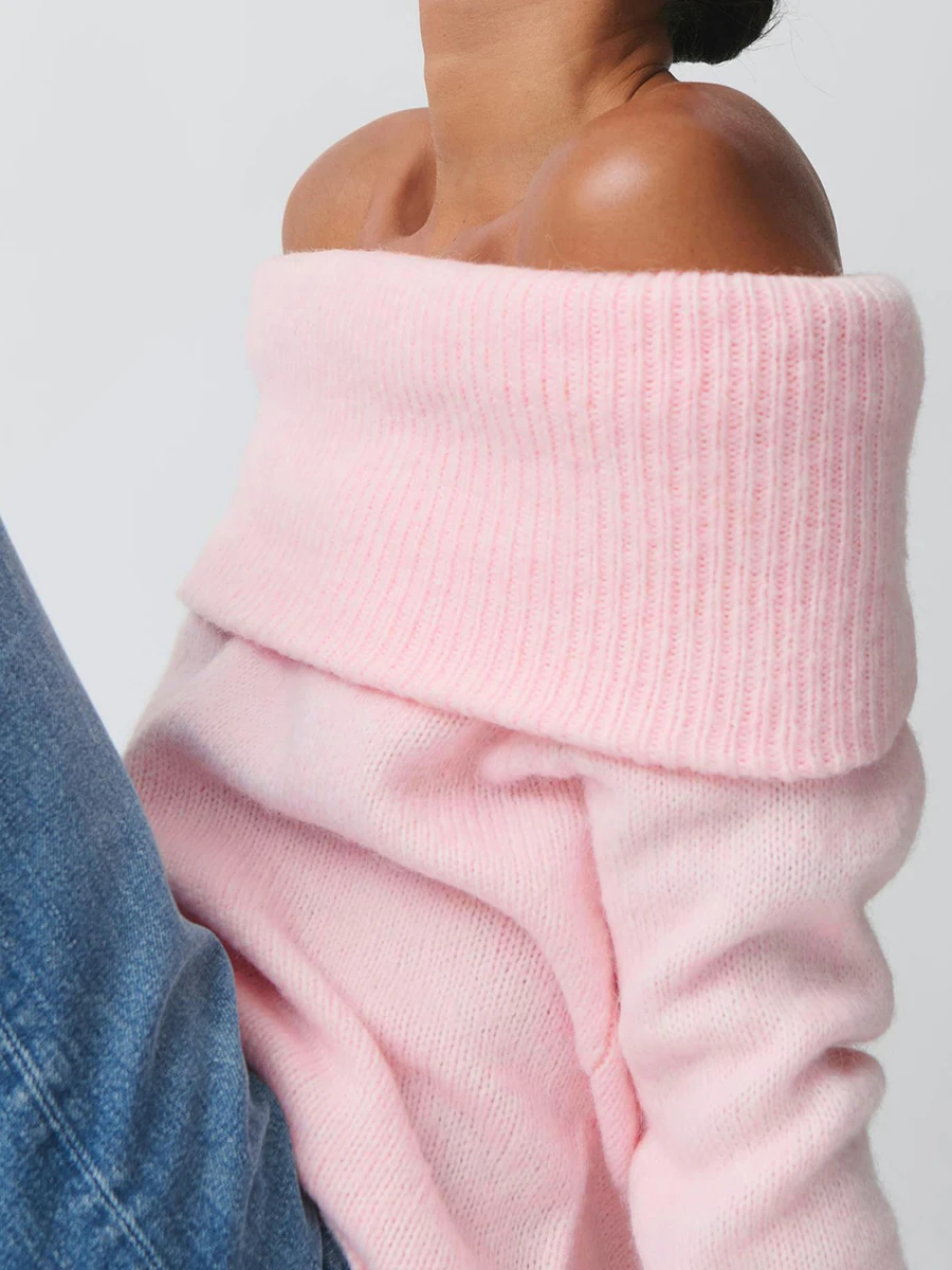 Women Off Shoulder Sweaters Long Sleeve Ribbed Knit Going Out Fall Tops Blouse Solid Color Boat Neck Loose Knitwear Pullover 5