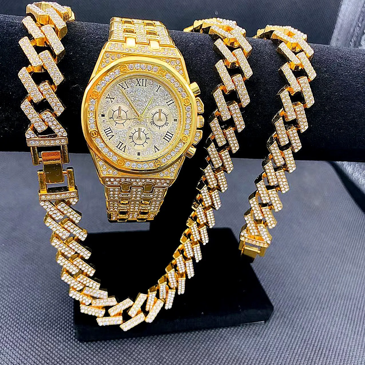 

3PCS Hip Hop Mens Jewelry Set Gold Iced Out Watch Necklaces Bracelets Miama Cuban Chains Choker African for Men Watches