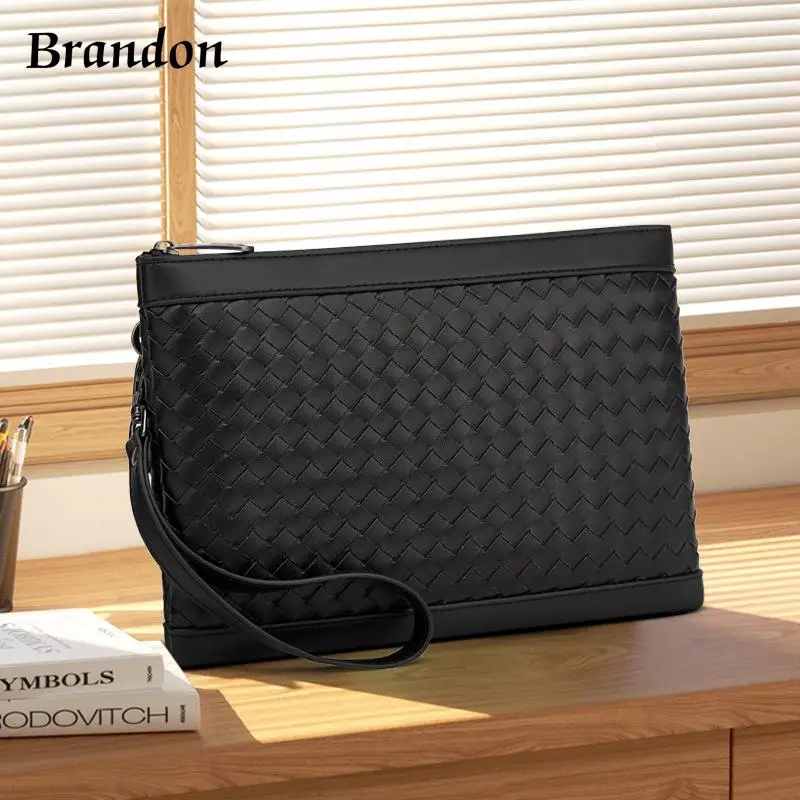 

New hand woven men's handbag with multiple card slots simple soft leather handbag business commuting mobile wallet