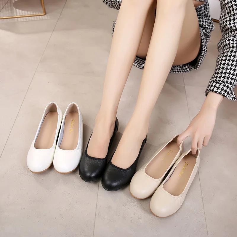 Autumn Women Shoes Genuine Leather Slip On Loafers Casual Flat Shoes Ladies Wedge Single Shoes Comfortable Black Work shoes