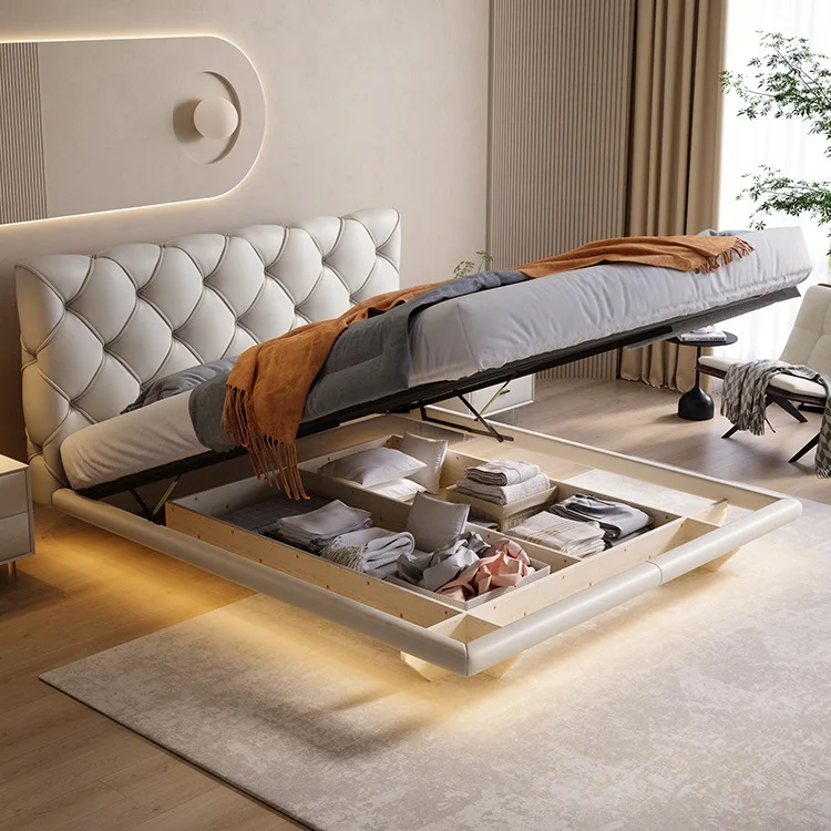 

Modern simple suspended bed zipper bed Princess leather bed master bedroom leather art soft bag double wedding is extrem