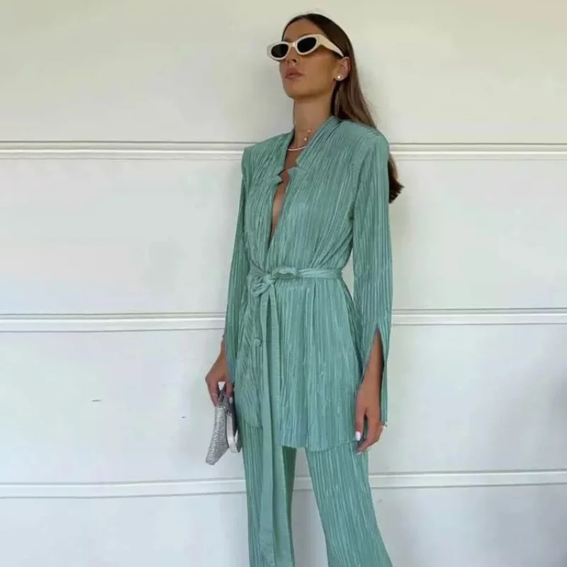 New Early Spring Women's Fashion Suit with Split Sleeve Lace-up Shirt Pleated Pants Two-Piece SetWlj