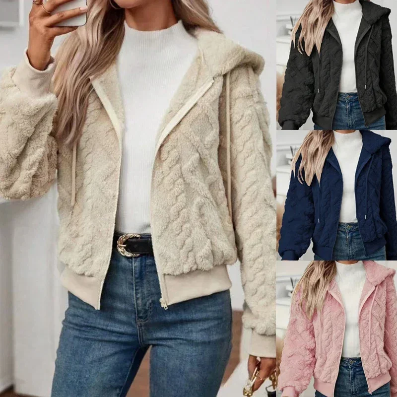 Women's Zip Up Fuzzy Hooded Jacket Long Sleeve Teddy Jacket Coat Women Warm Winter Outerwear Perfect for Cold-Weather Clothing
